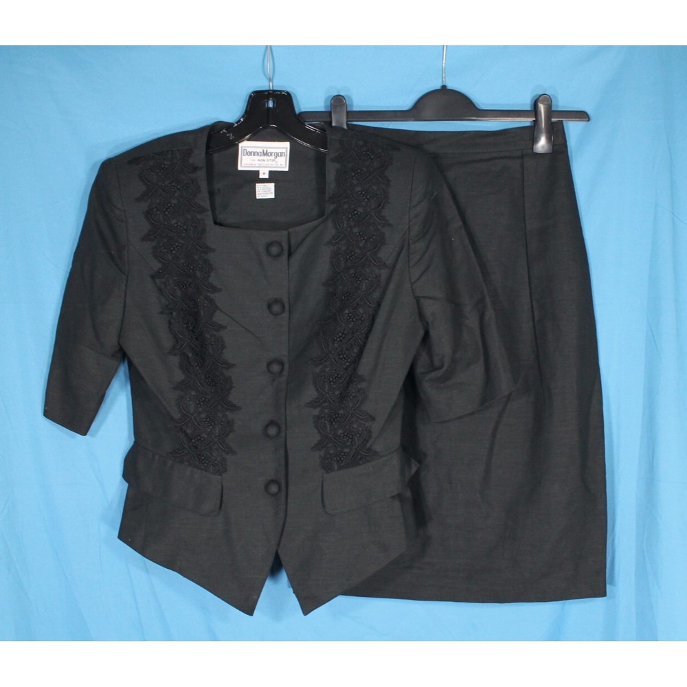 DONNA MORGAN Black LINEN BLEND Button-Up FLORAL LACE Jacket/Skirt OUTFIT SET 8